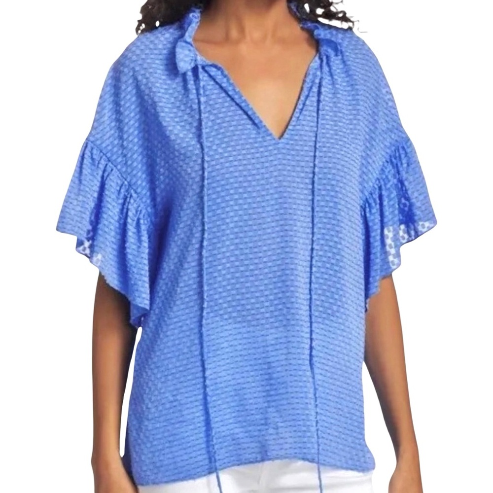 ALICE + OLIVIA‎ Julius Ruffle Peasant Blouse Blue Top Solid Swiss
Dot Ties